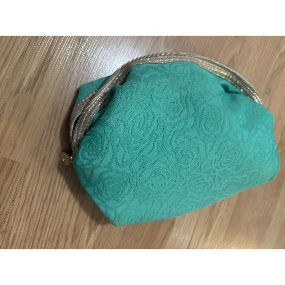 Lancome Teal Rose Embossed Cosmetic Bag Makeup Pouch Zipper‎ Closure